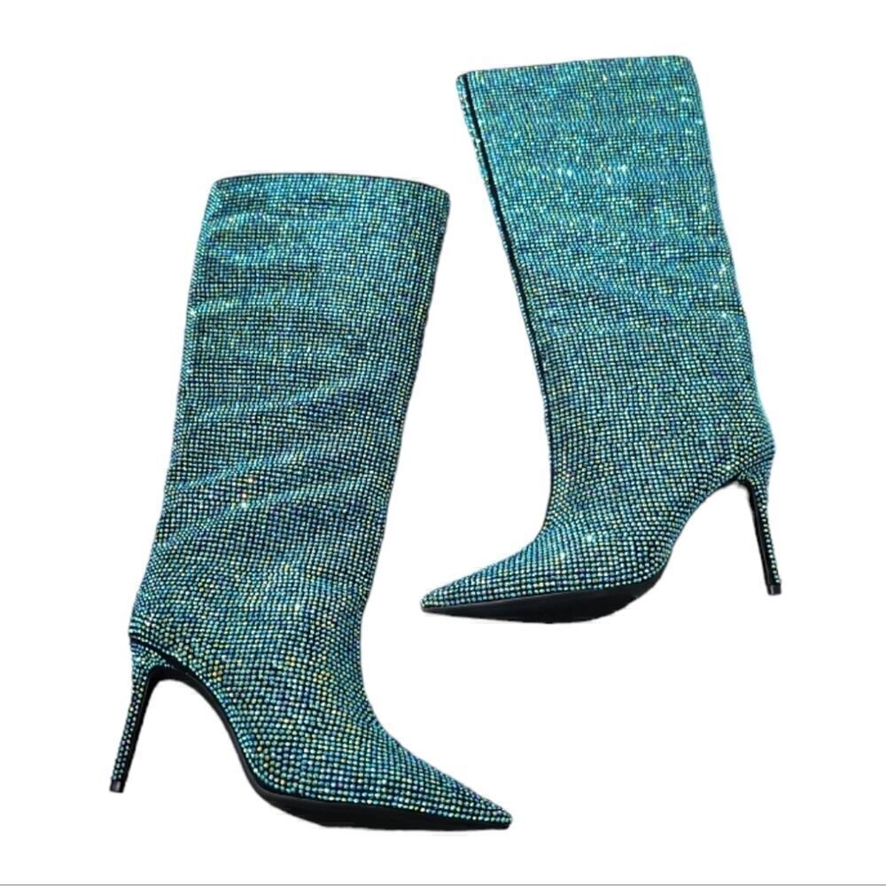 International Concepts Knee High Green Stovepipe Rhinestones Boots Size 8M NWT